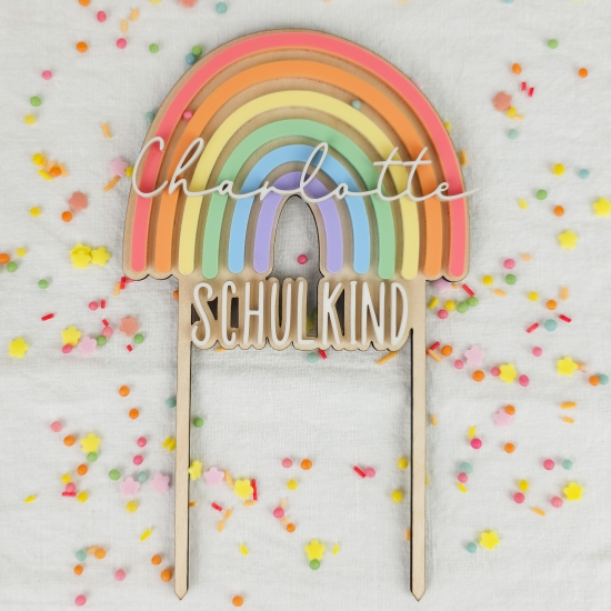 Schulkind Cake Topper Kuchenaufsatz Tortenstecker Regenbogen Einschulung aus Holz und Acryl mit Name