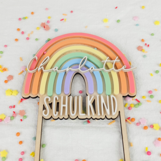 Schulkind Cake Topper Kuchenaufsatz Tortenstecker Regenbogen Einschulung aus Holz und Acryl mit Name