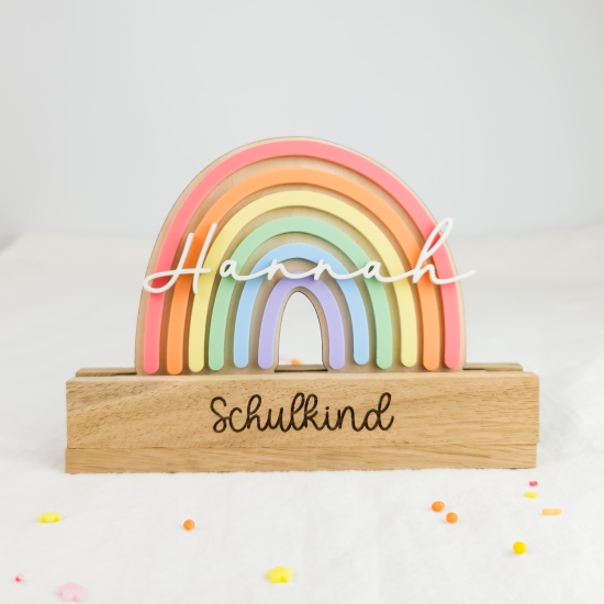 Kartenhalter - Bildhalter - Fotoständer - Postkartenhalter aus Holz mit buntem Regenbogen Acryl - Einschulung