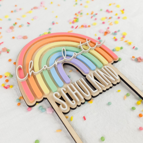 Schulkind Cake Topper Kuchenaufsatz Tortenstecker Regenbogen Einschulung aus Holz und Acryl mit Name