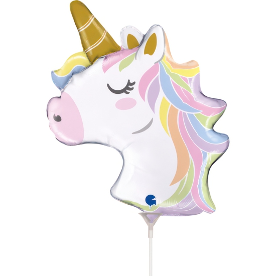 Folienballon am Stab - luftgefüllt - Regenbogen Einhorn - Kopf - 25 cm